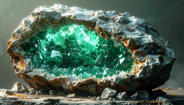 Glowing Green Geode Crystalline Interior in Rugged Rock