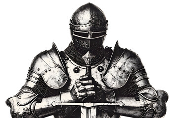 Obraz premium Classic armored knight holding sword with both hands for historical designs