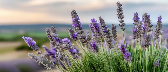 Obraz premium Lavender flowers bloom in the warm sunset light of a summer evening in Provence, France, creating a beautiful scene of nature's colors and textures