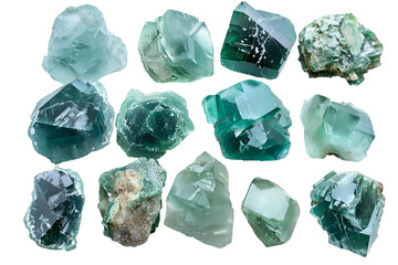 Fototapeta premium Collection of rough blue green fluorite stones for gem enthusiasts and collectors