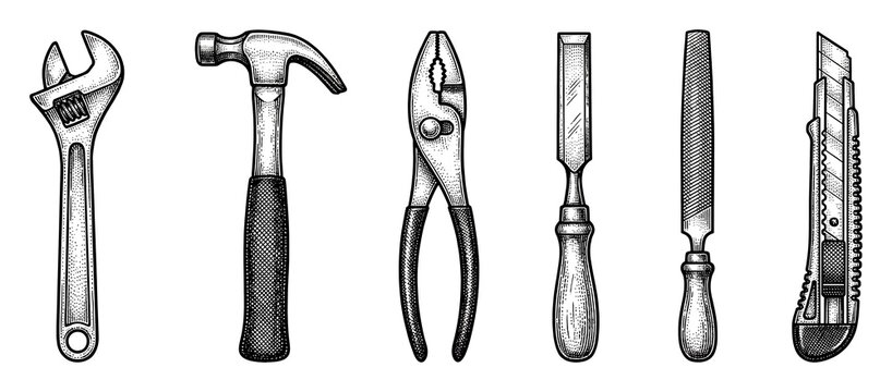 Vintage engraving workshop hand tools sticker set.