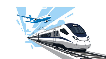 Fototapeta premium Futuristic transportation: high-speed train and airplane in motion