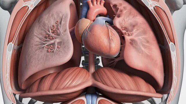 Human thoracic cavity with lungs, heart, and ribcage, medical illustration