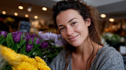 Naklejka premium Smiling Woman with Flowers in a Bright Flower Shop