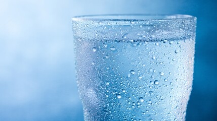 thrust. A crystal-clear glass of water with condensation, highlighted by cool blue tones and soft backlighting. bar promotions, beverage menus, designed for food & beverage menus and cafe branding.
