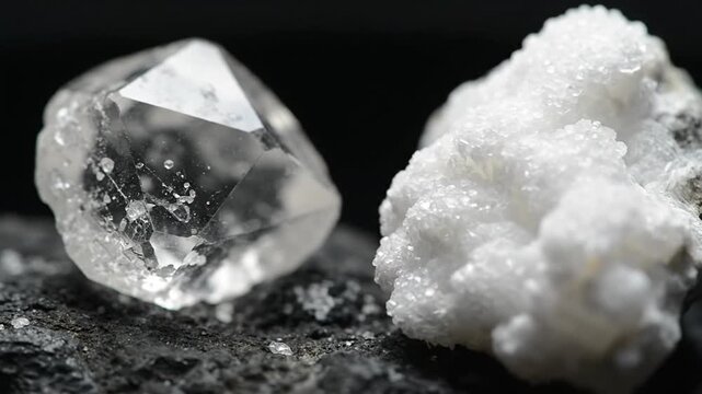 Large Diamond Gemstone and White Crystal Rock on Dark Surface