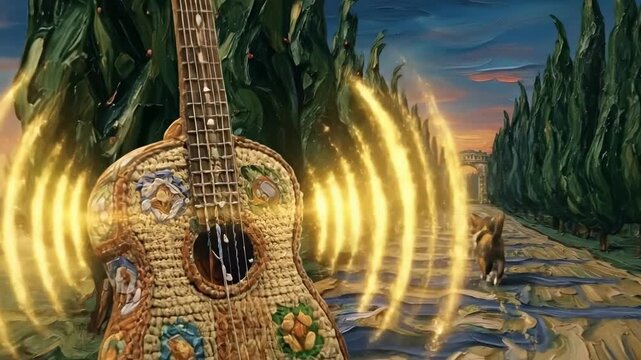 Impressionistic painting of a textured guitar emitting sound waves beside a cat on a path towards an archway for a dreamlike musical journey concept