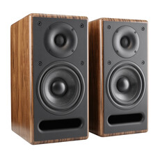Fototapeta premium Wood and black home speakers audio sound music isolated on a transparent background