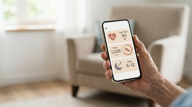 Senior hand holding smartphone analyzing health tracking dashboard interface with activity monitoring, vital sign metrics, and sleep analytics for personal wellness optimization