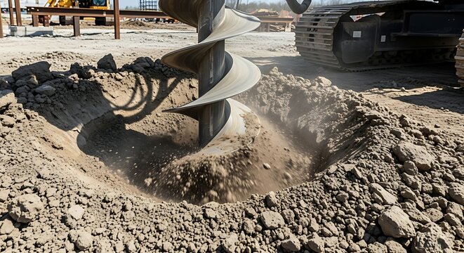 Closeup of auger drilling into rocky ground
