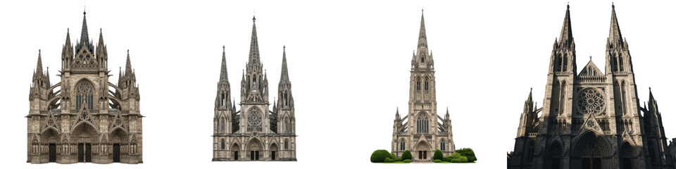 Fototapeta premium Set of majestic Gothic cathedrals and historical church architecture isolated on white background