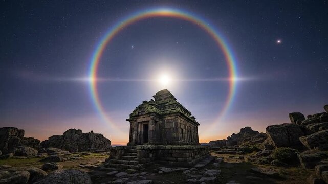 Ancient stone temple ruins under a celestial rainbow arc and glowing moon or sun at sunset with stars in the night sky.