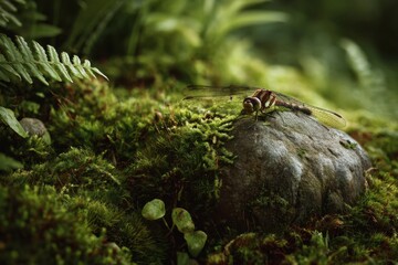 Obraz premium Dragonfly resting on mossy rock in forest