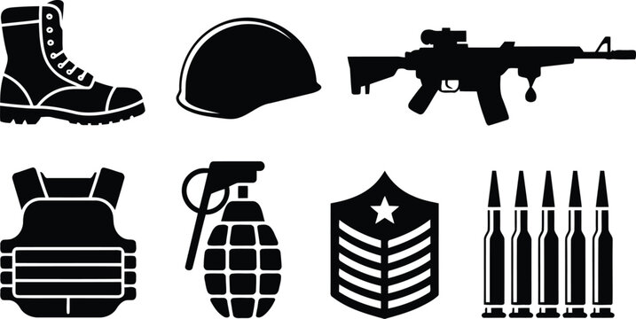 Collection of black military icons depicting essential army gear and weaponry on a clean white background
