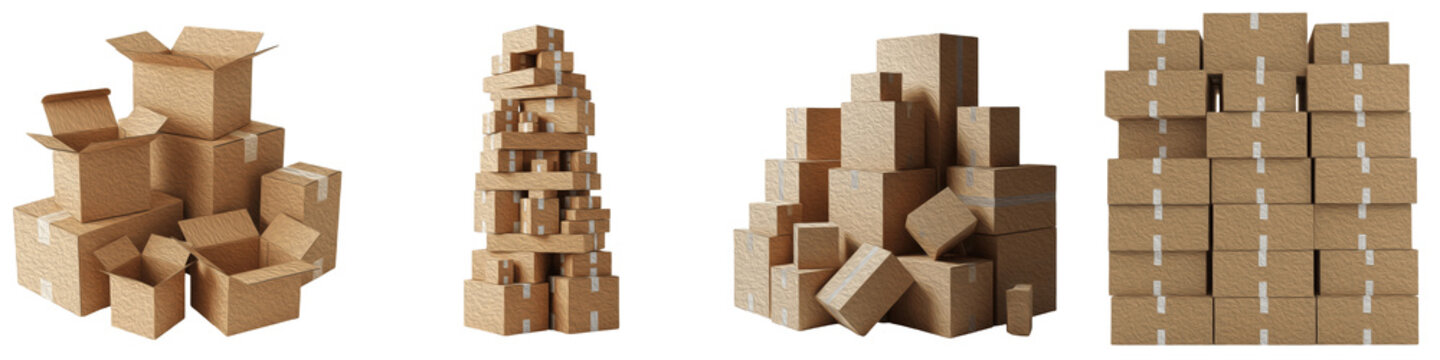 Set of cardboard boxes and delivery packages stacked isolated on white background