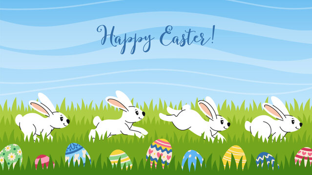 Easter background with cute bunnies. Egg hunt with running bunnies and eggs hidden in the grass in a meadow. Spring illustration.