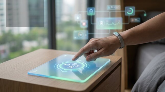 Futuristic Smart Home User Interface Optimization with Wearable Device Integration Touchscreen Display for Seamless Digital Connectivity and Enhanced Lifestyle Automation