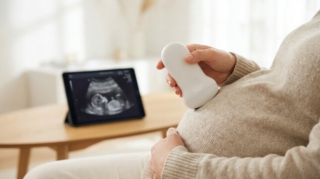 Pregnant woman using portable ultrasound scanner for at-home fetal monitoring with digital tablet display, illustrating telehealth prenatal care innovation and technology integration
