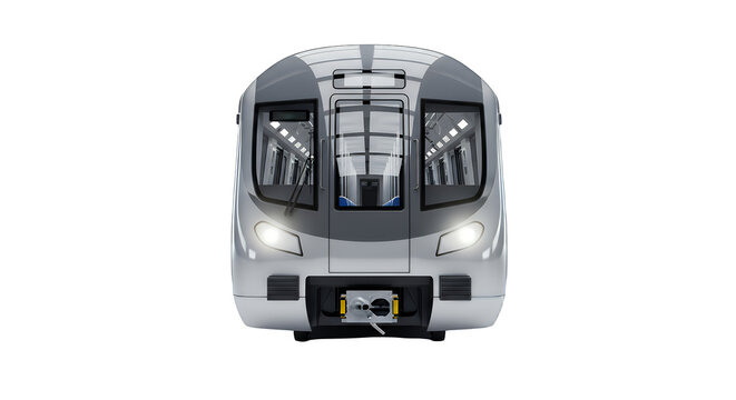 Modern silver train with headlights on, isolated on transparent background, viewed from the front, showcasing sleek design and advanced technology