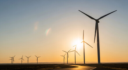 Fototapeta premium Wind turbines silhouette against a golden sunset and clear sky background