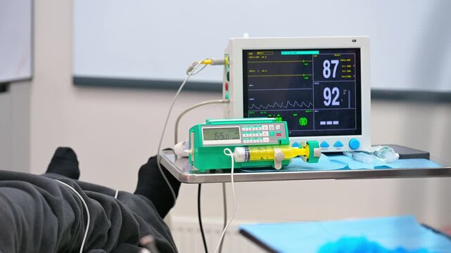 Patient monitor displaying vital signs alongside a green syringe pump in a sterile hospital setting with patient feet visible