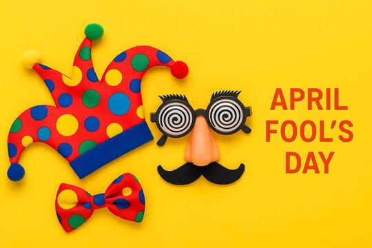 Playful prank concept featuring clown accessories and spiral eyeglasses for April Fools Day celebration