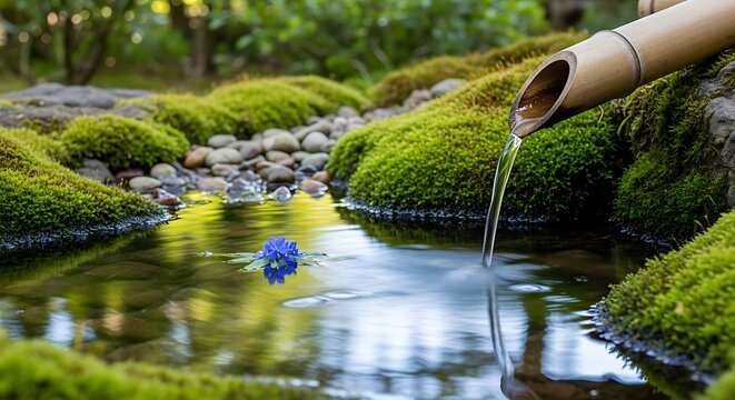 Tranquil Nature Composition Featuring Bamboo Spout and Reflective Water