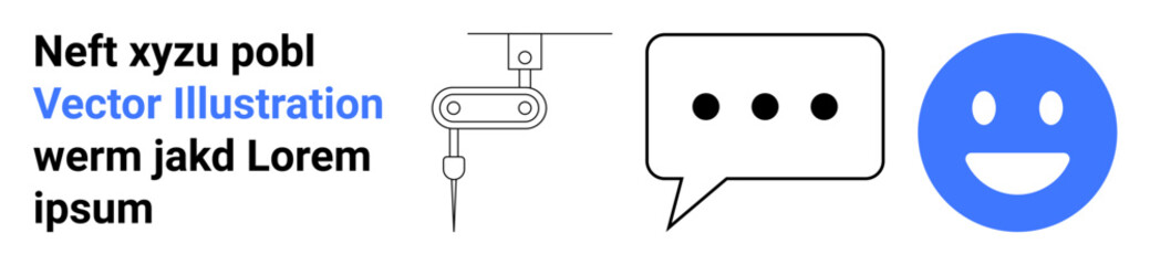 Fototapeta premium Robotics, automation, communication, feedback systems, AI technology, user interaction. ion of a robotic arm, speech bubble with dots and smiling face icon. Robotics and communication