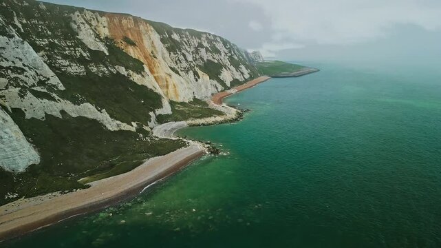 Scenic aerial drone view of Samphire Hoe Country Park cliffs, Dover, England