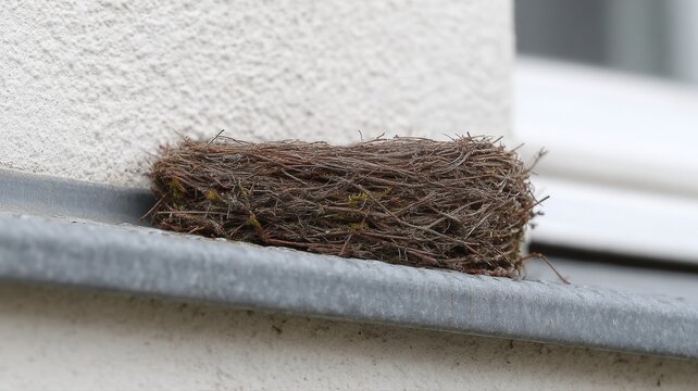 Ein Vogelnest verstopft das Fallrohr an der Fassade mit Federn und Zweigen; satte Farben heben den &uuml;berlaufenden Fleck hervor.
