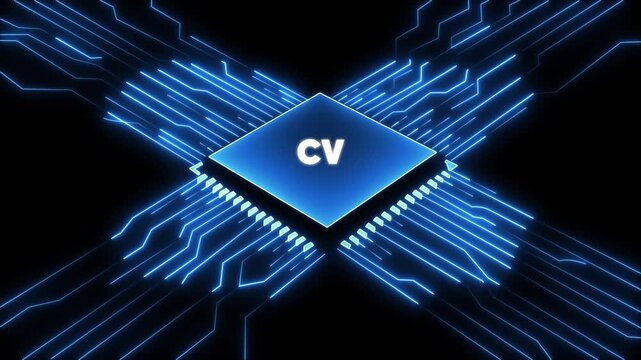 Computer chip with C V text on a blue circuit board background with glowing lines microchip technology