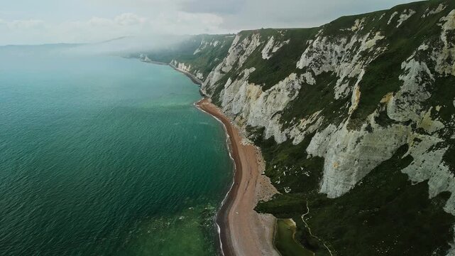Scenic aerial drone view of Samphire Hoe Country Park cliffs, Dover, England