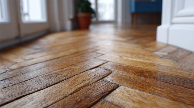 Wasserschaden am Parkettboden mit verzogenen Dielen und dunklen Flecken im hellen Tageslicht