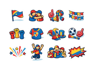 Fototapeta premium Fan Celebration Icons. Fan celebration. Colorful isometric vector icons set of fan celebration: waving team flag, fans hugging, cheer props, flag wall, raised