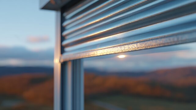 Klemmender Rollladen mit verbogenen Lamellen und ausgefranstem Riemen bei st&uuml;rmischem Tageslicht in Deutschland