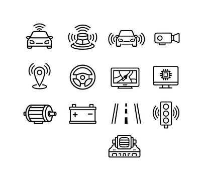 Self-Driving Cars. Line icon set of Self-Driving Cars: autonomous car, lidar sensor, radar sensor, camera sensor, gps antenna, steering