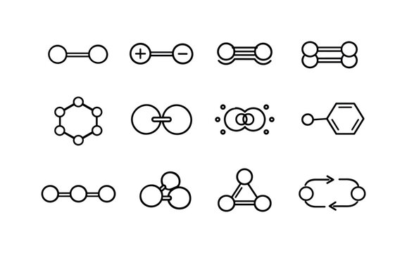 Chemical Bonds. Line icon set of Chemical Bonds: covalent bond, ionic bond, double bond, triple bond, molecule structure, bonded atoms,