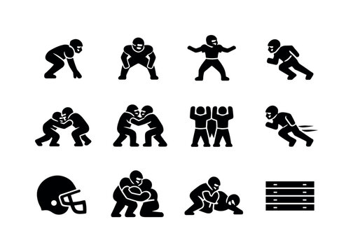 American Football Defense. Solid icon set of American Football Defense: defensive lineman, linebacker stance, safety coverage, blitz rush,