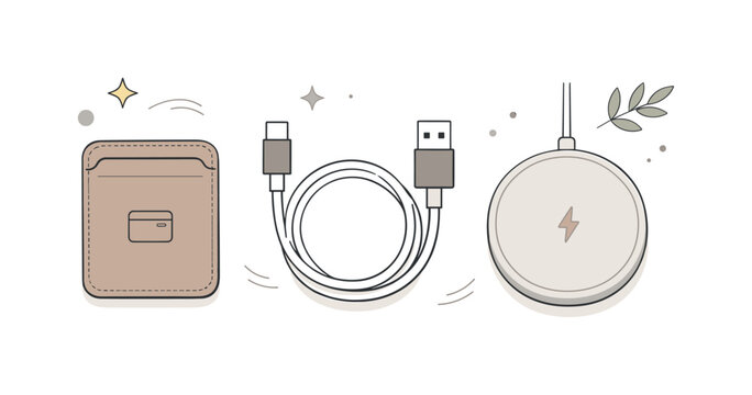 Minimal Tech Aesthetics. Minimal neutral phone gear. Aesthetic tech accessories like a magnetic phone wallet, USB-C cable, and wireless pad shown in stone and