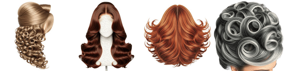 Collection of various women's hairstyles and hair colors isolated on white background