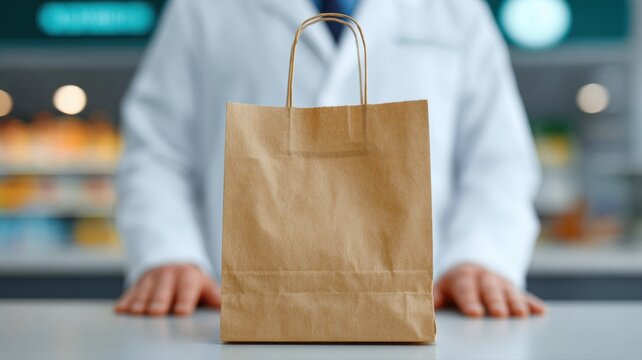 Apotheker stellt in einer deutschen Apotheke eine Papiert&uuml;te mit saisonalen Pflegeprodukten auf den Tresen.
