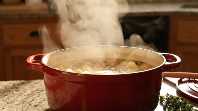 Steaming pot of soup on kitchen counter with steam rising