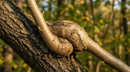  Close-Up of Old and Young Tree Branches Fused into a Single Knot in Golden Hour Sunlight