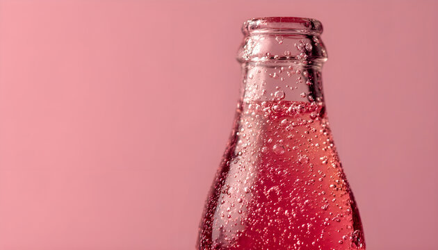 Sparkling glass bottle of pink soda against a neutral background highlighting effervescent bubbles and attractive colors