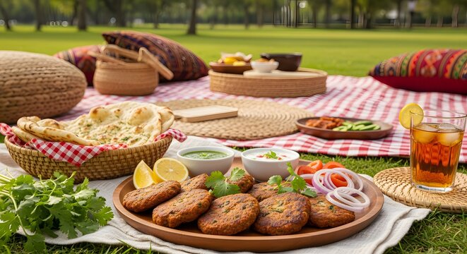 Outdoor Picnic Feast: Chapli Kebabs, Naan Bread, Salad, and Iced Tea