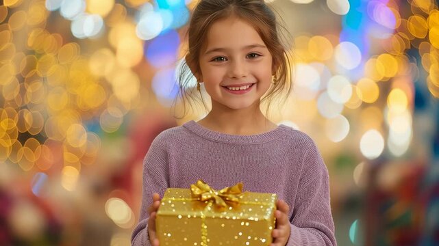 Smiling young girl holding a golden gift box in a festive glowing setting, capturing joy, surprise and warm holiday celebration mood