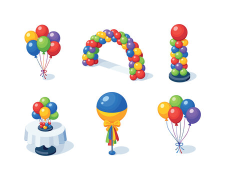 Balloon arrangements. Isometric flat vector icons set of balloon arrangements: floating balloon bunch, wall balloon arch, balloon column