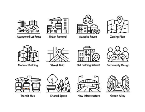 Urban Redevelopment Icons. Urban Redevelopment Strategies. Line icon set of Urban Redevelopment Strategies: abandoned lot reuse, urban renewal, adaptive reuse,