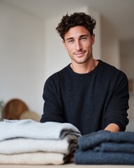 Fototapeta premium Contemporary man with curly hair wearing a black sweater carefully folding clean clothes on a table, with neatly stacked garments in a bright indoor setting