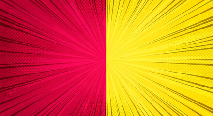 Image displays a radial halftone pattern in red and yellow, split in the middle, conveying comic book aesthetic, dynamism, and impactful contrast